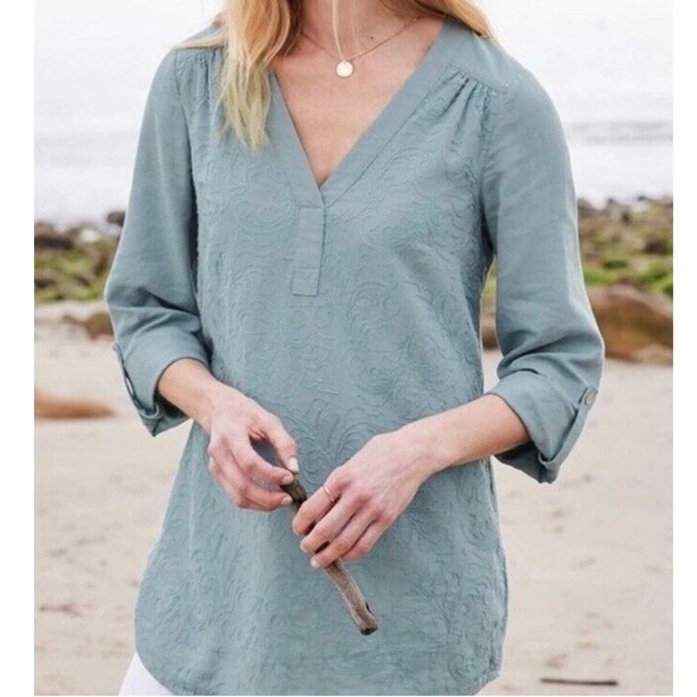 Soft Surroundings Linen Embroidered Tunic Blue Long Sleeve Blouse Shirt 328